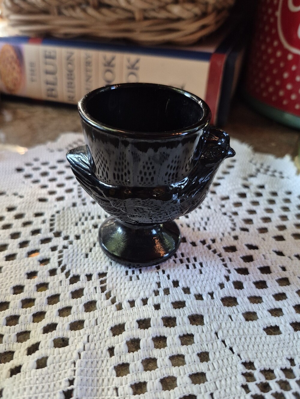 ❤️🔥 1pc. Vintage Black Glass Chicken-Shaped Egg Cup France by Luminarc